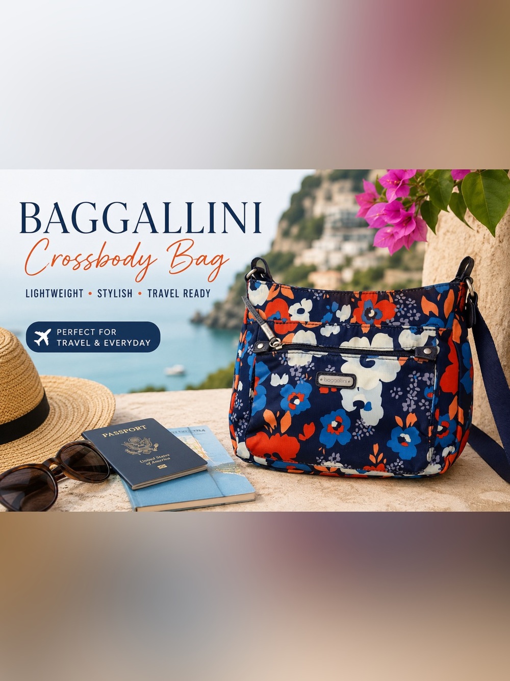 Baggallini Floral Crossbody Bag Lightweight Travel Purse Navy Blue Orange